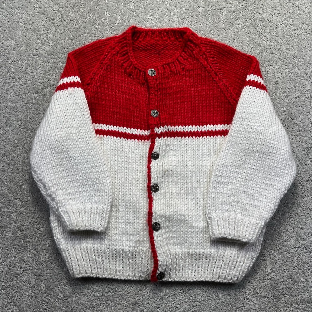 VINTAGE Hand Knit Cardigan Sweater Womens L?? Red White Button Snap Chunky Knit
